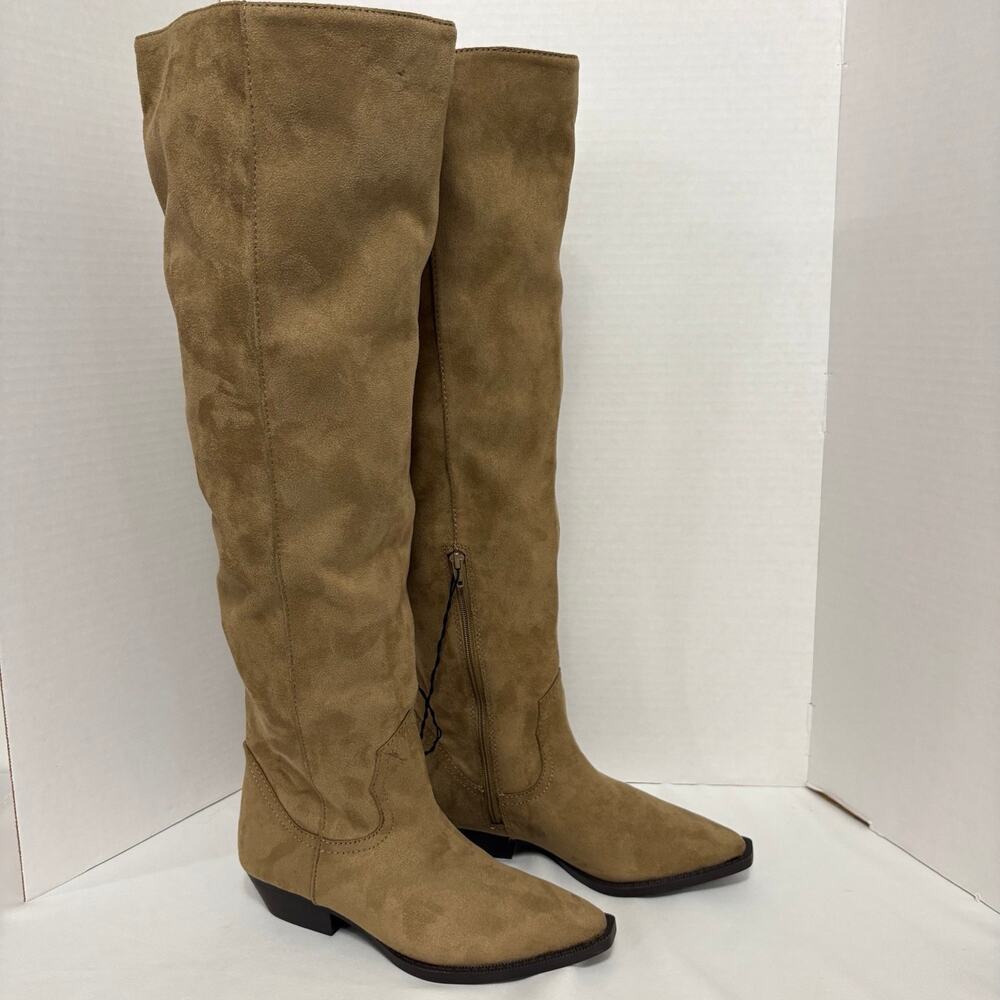 Time and Tru Womens 9 Tan Faux Suede Over Knee Western Boots Pointed Toe NWT